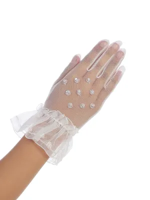 Big Girls White Beadwork Top Sheer Communion Flower Girl Gloves 8-14