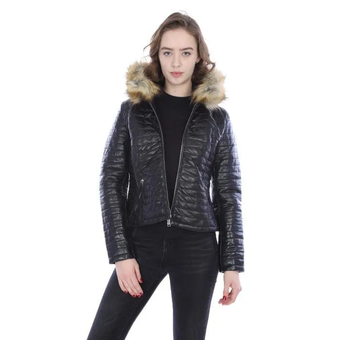 Black Puffy Leather Jacket With Hood