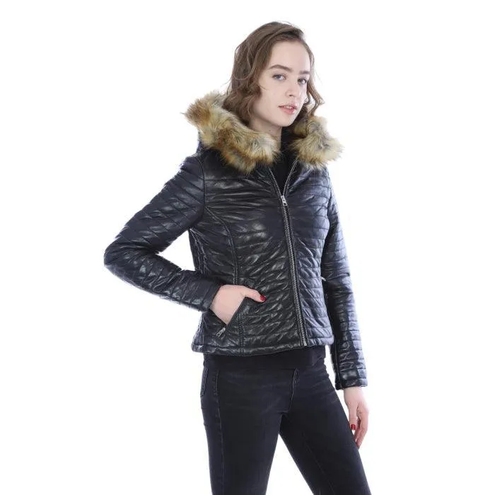 Black Puffy Leather Jacket With Hood