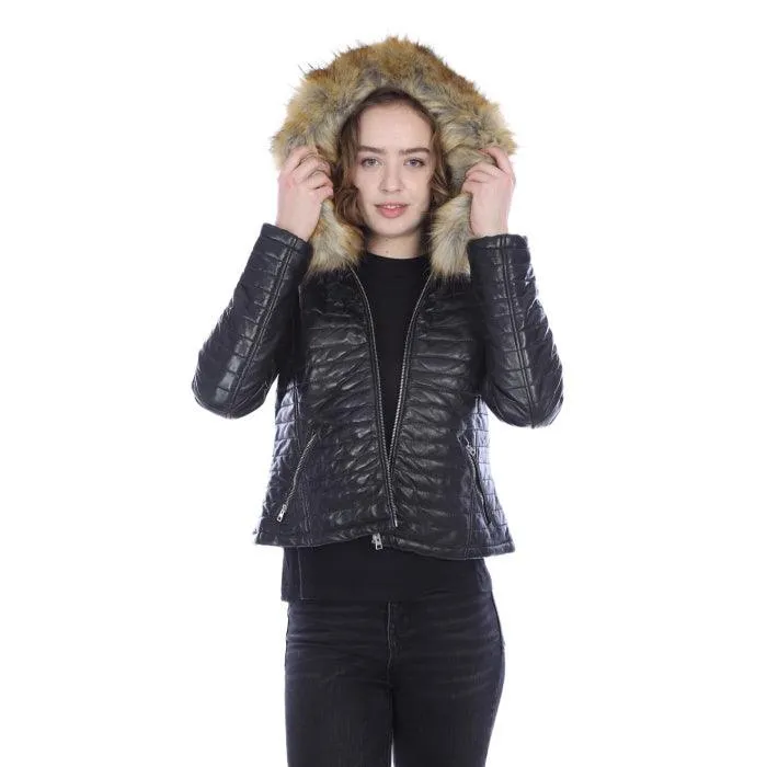 Black Puffy Leather Jacket With Hood