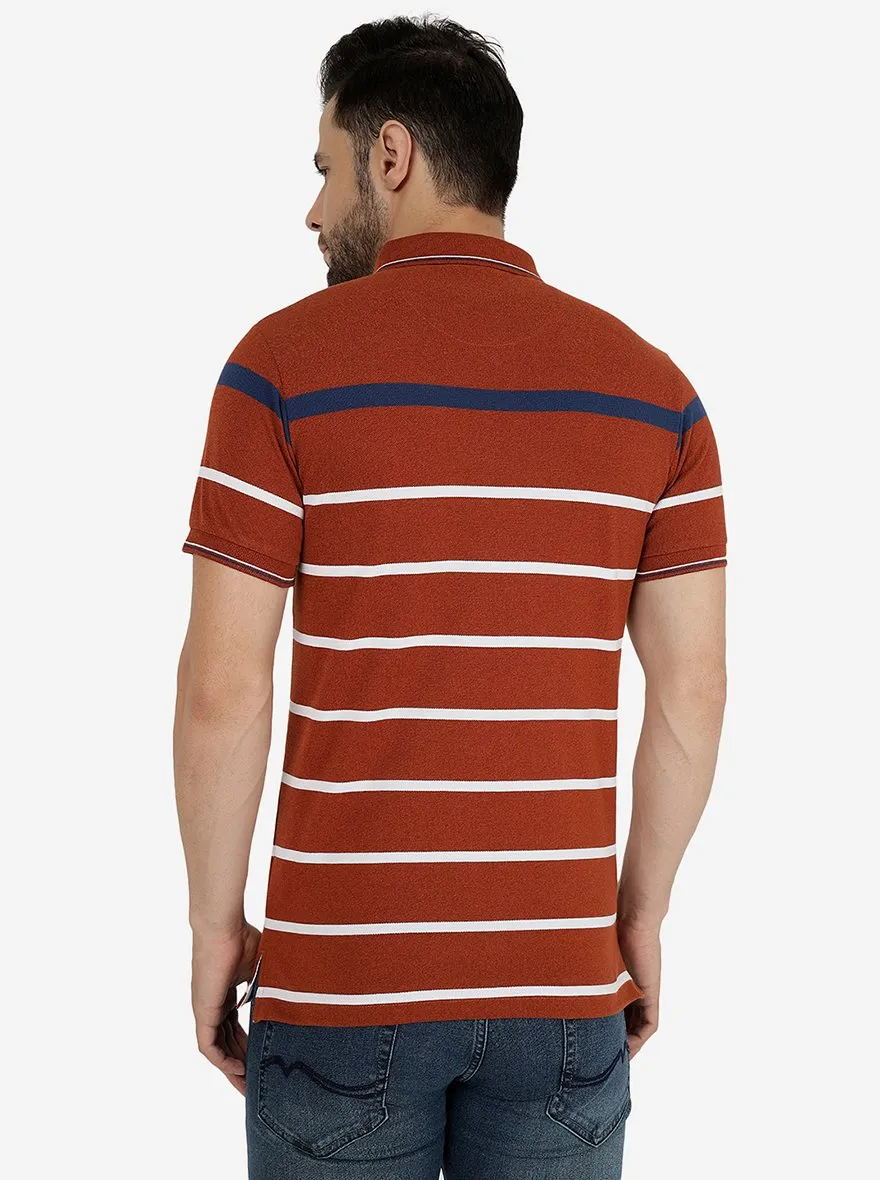 Brown & White Striped Slim Fit Polo T-Shirt | JadeBlue