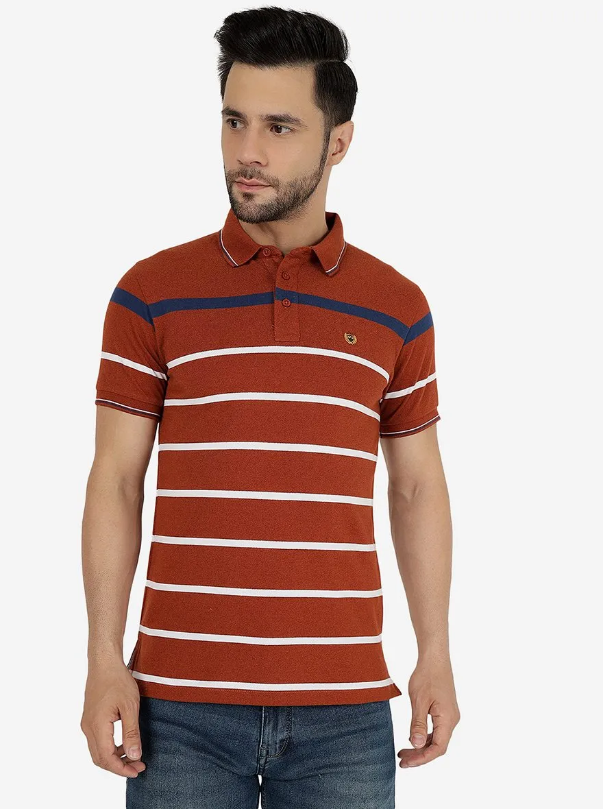 Brown & White Striped Slim Fit Polo T-Shirt | JadeBlue