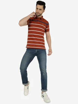 Brown & White Striped Slim Fit Polo T-Shirt | JadeBlue