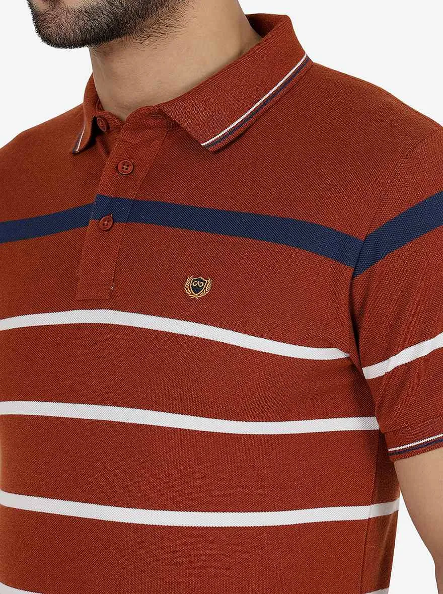 Brown & White Striped Slim Fit Polo T-Shirt | JadeBlue