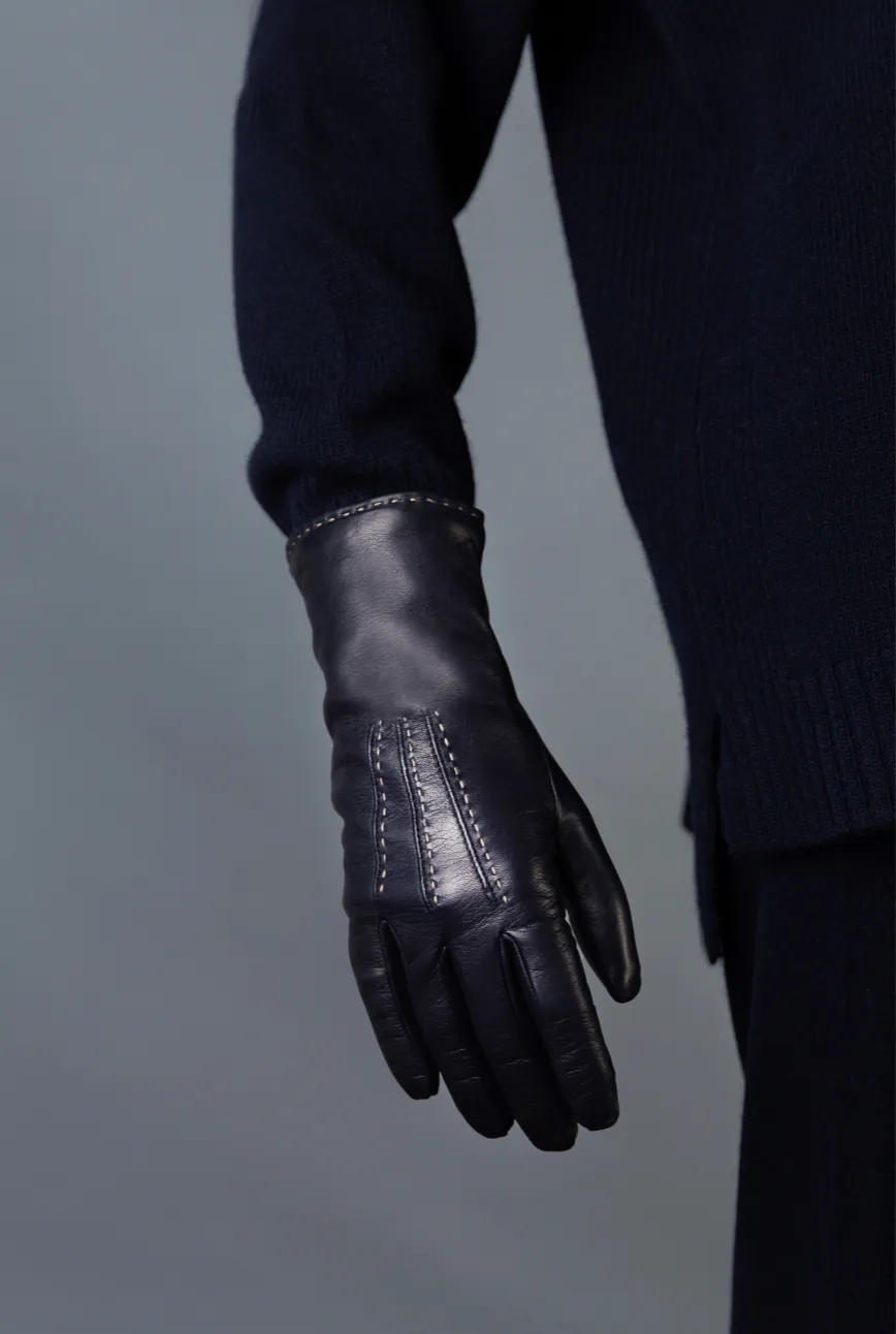 Bruno Carlo Cashmere Lined Lambskin Leather Gloves ART2425 | Nero / Ecru Stitching