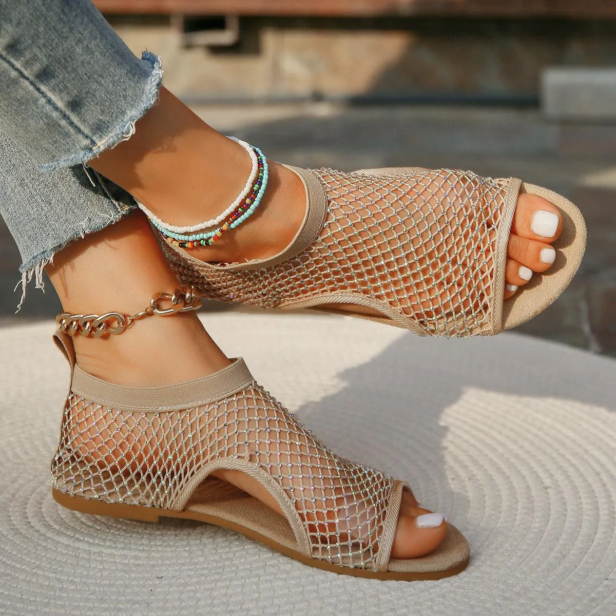 Chic Rhinestone-Embellished Open Toe Sandals with Hollow Design