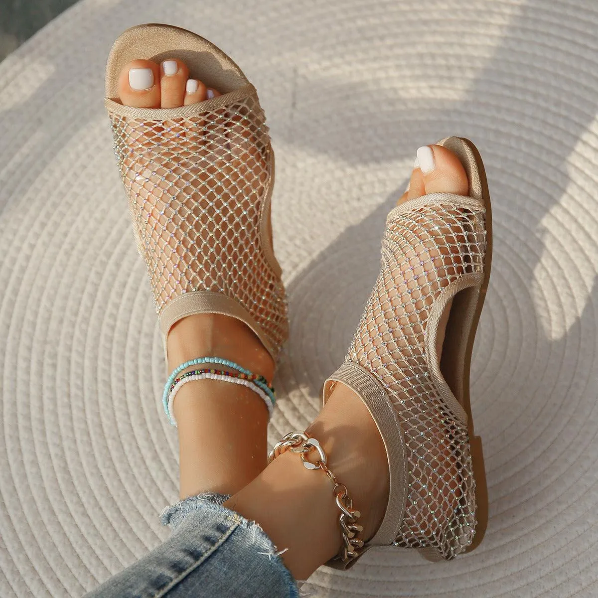 Chic Rhinestone-Embellished Open Toe Sandals with Hollow Design