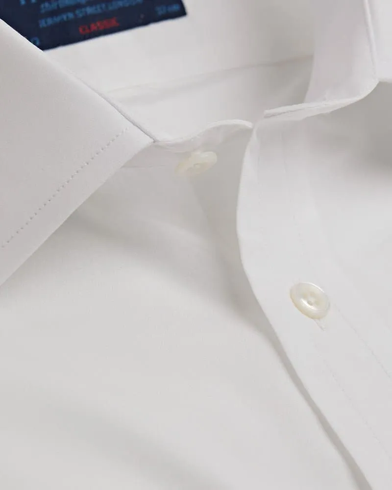 Classic Fit Plain White Cotton Poplin Shirt with Classic Collar & Double Cuff