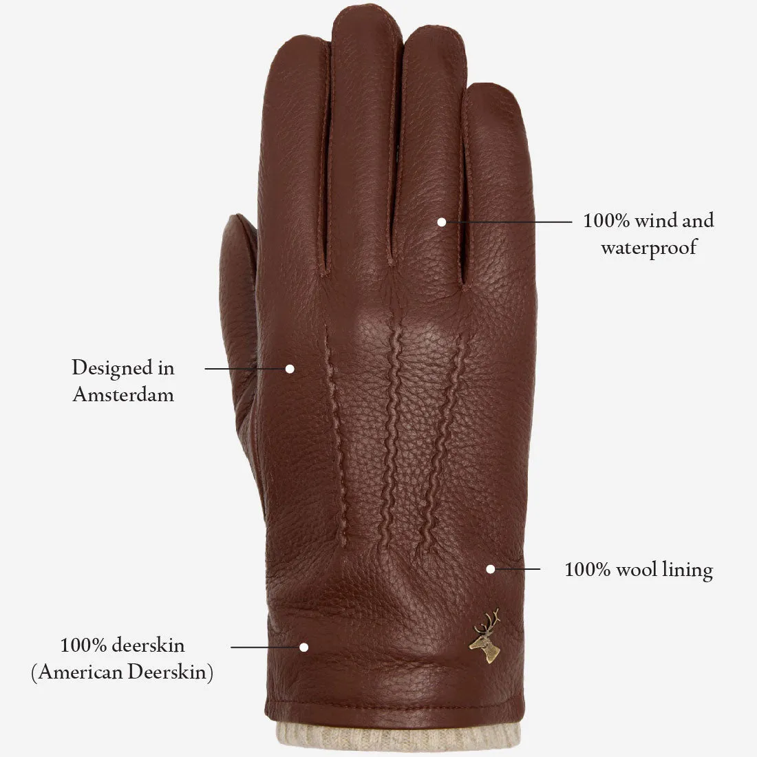 Columbus (brown) – luxurious deerskin (American deerskin) leather gloves with warm wool lining