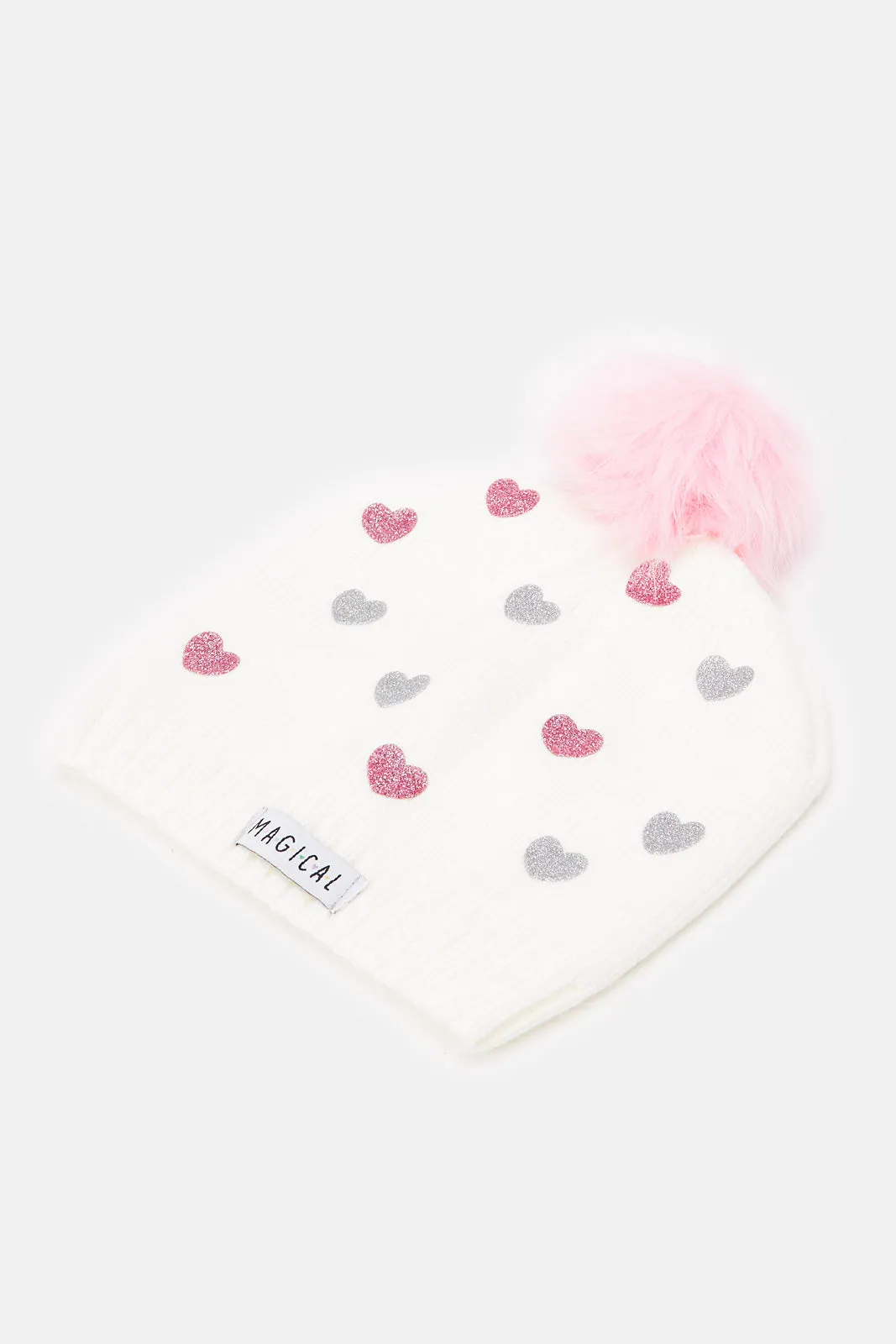 Girls White And Grey Hearts Print Cap And Gloves (Pack of 2)