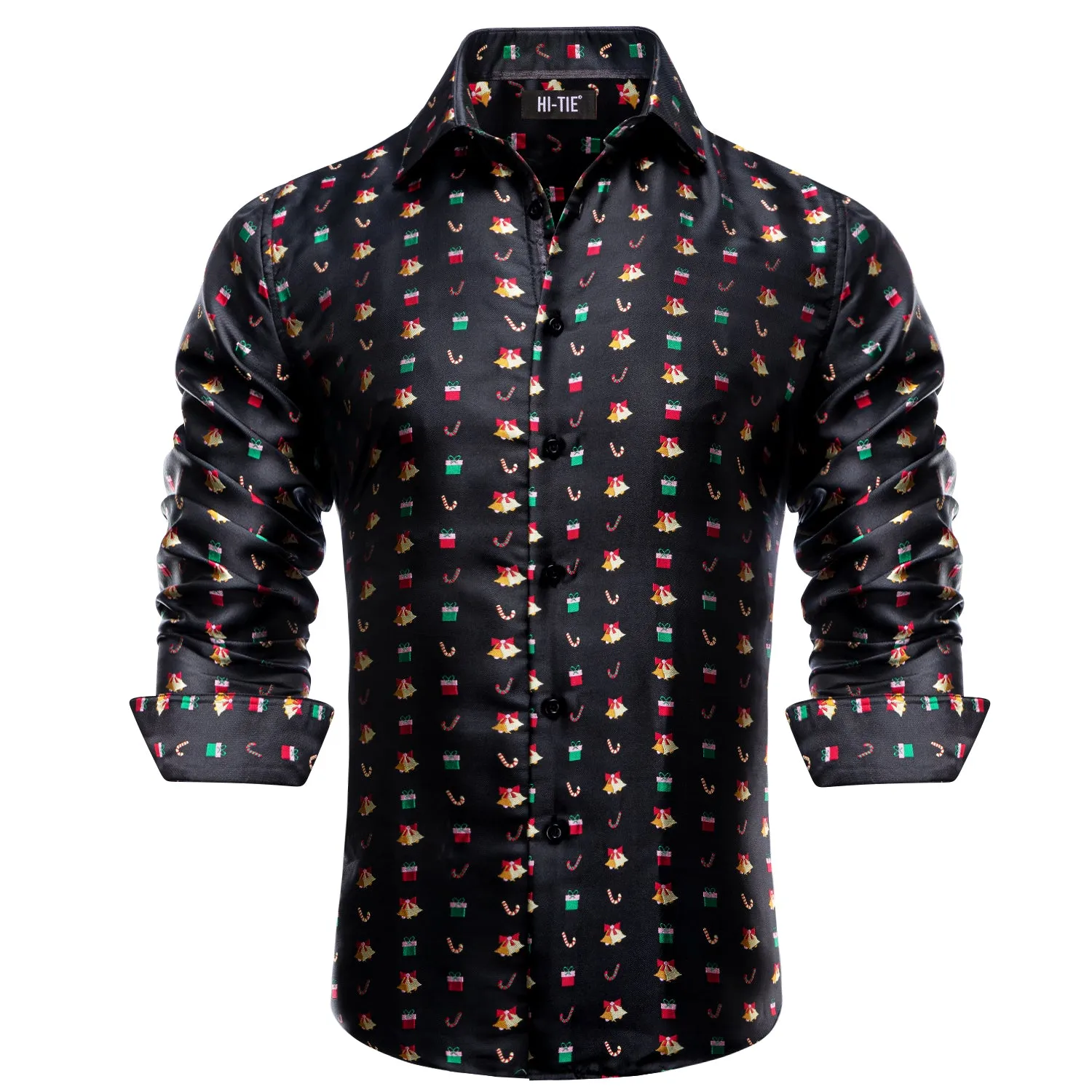 Hi-Tie Black Shirt Novelty Silk Long Sleeve Shirt Christmas Men's Top