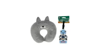 Kids Cat Travel Neck Pillow and Luggage Tag  - Grey Cat