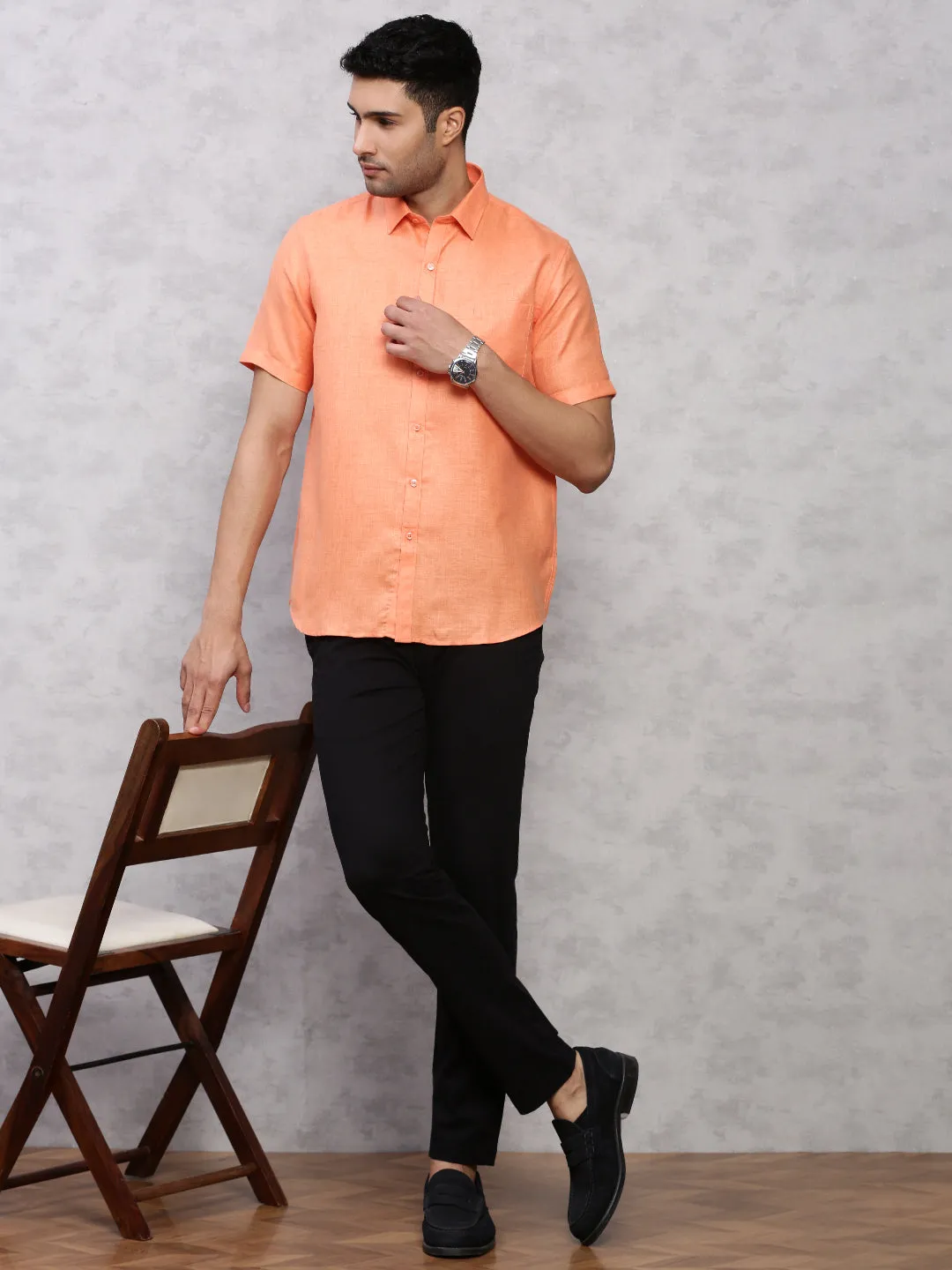 Men Cotton Blend Shirt Orange T7 CG4