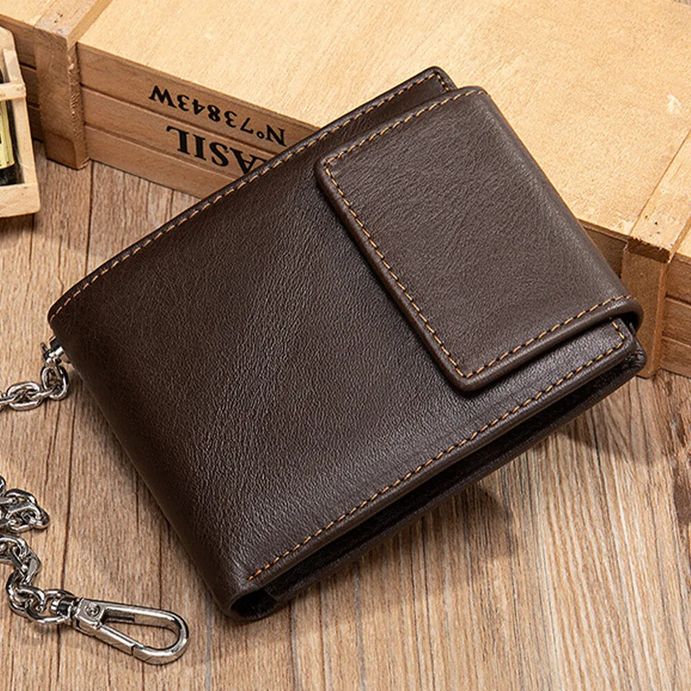 Men Genuine Leather RFID Blocking Anti-theft Retro Multi-functional Card Holder Wallet With Chain