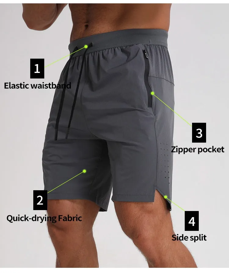 Men Running Shorts Zipper Pockets Side Split Workout Breathable Gym Shorts | K04