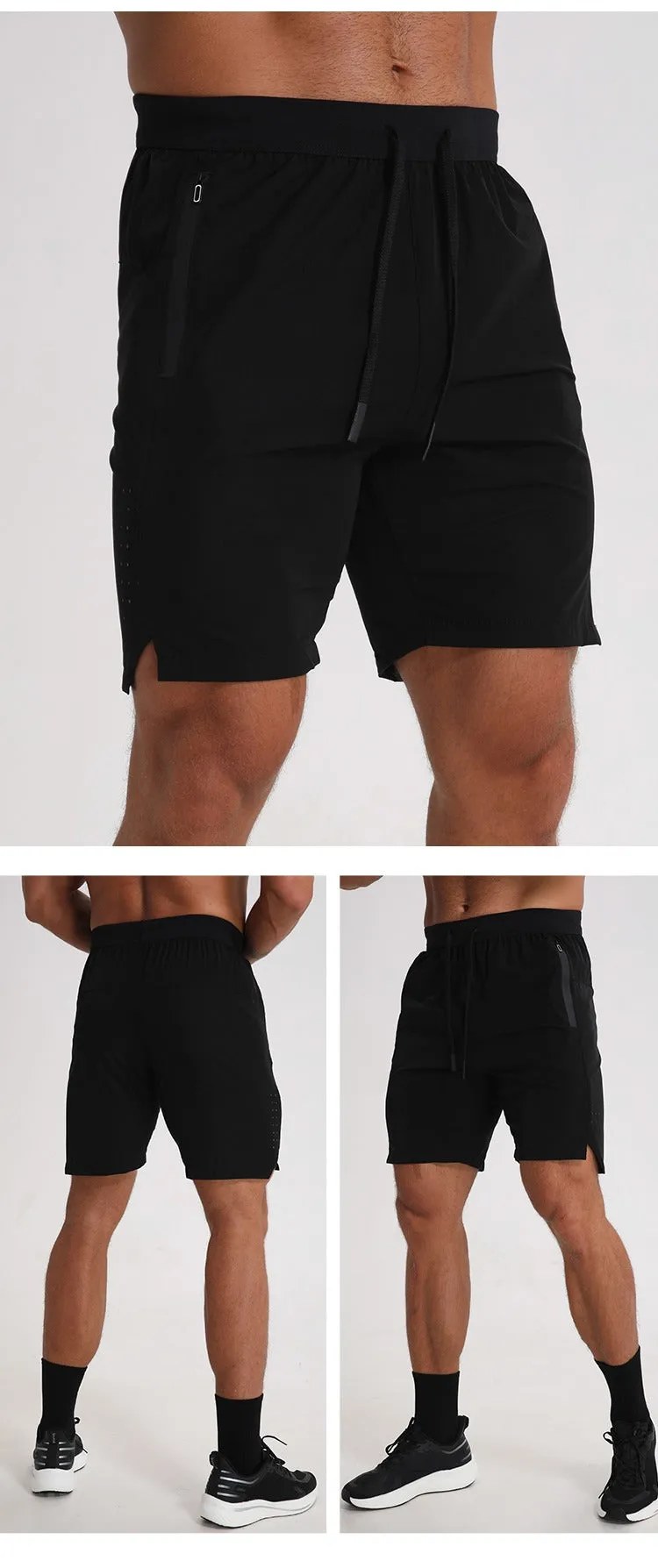 Men Running Shorts Zipper Pockets Side Split Workout Breathable Gym Shorts | K04