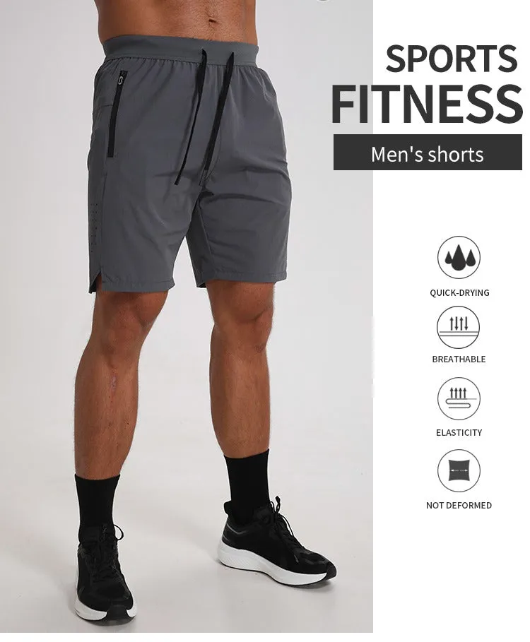 Men Running Shorts Zipper Pockets Side Split Workout Breathable Gym Shorts | K04