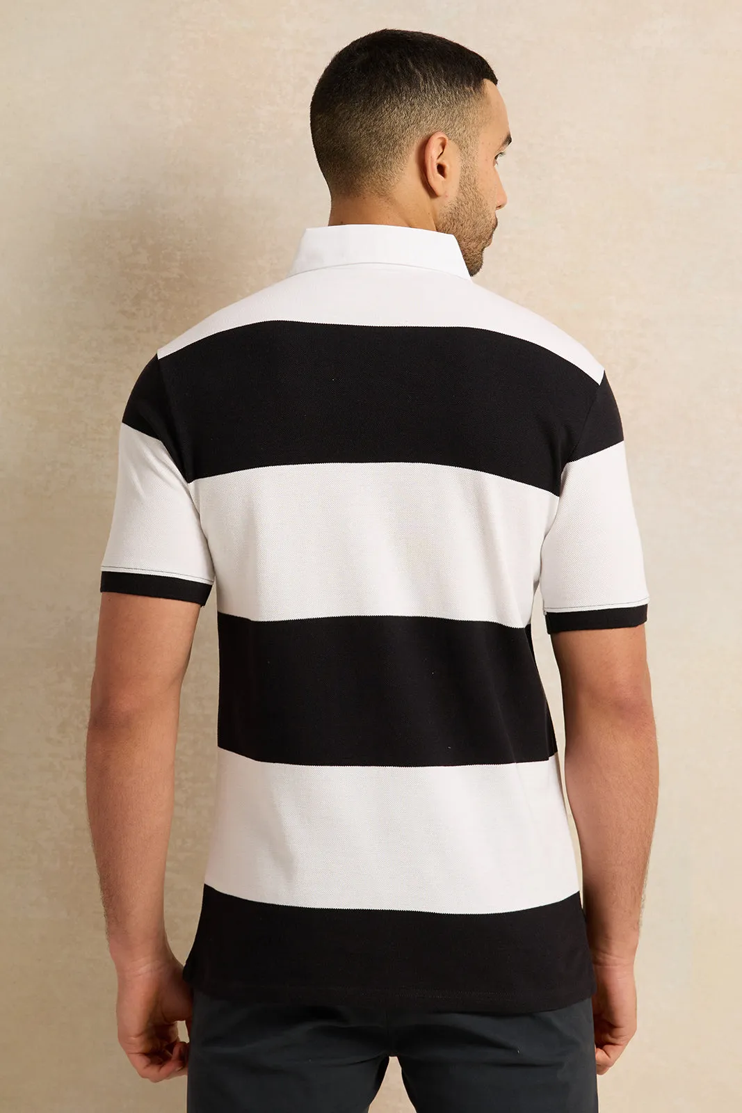 Men White And Black Striped Pique Polo Shirt