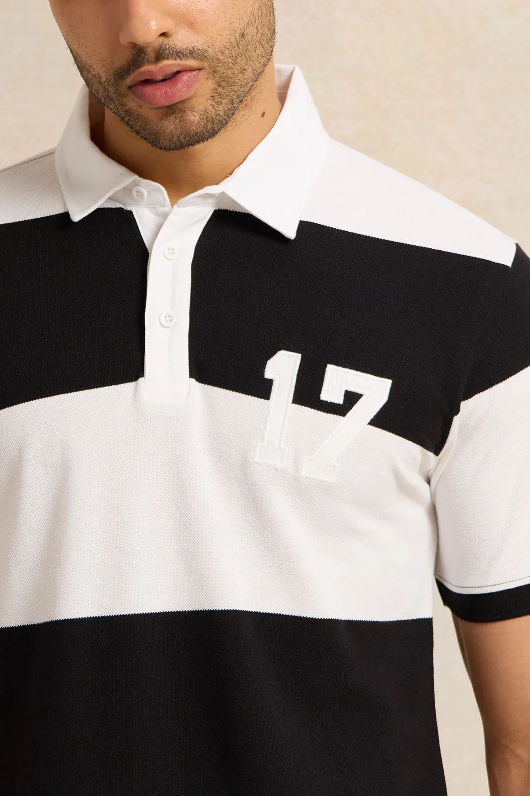 Men White And Black Striped Pique Polo Shirt