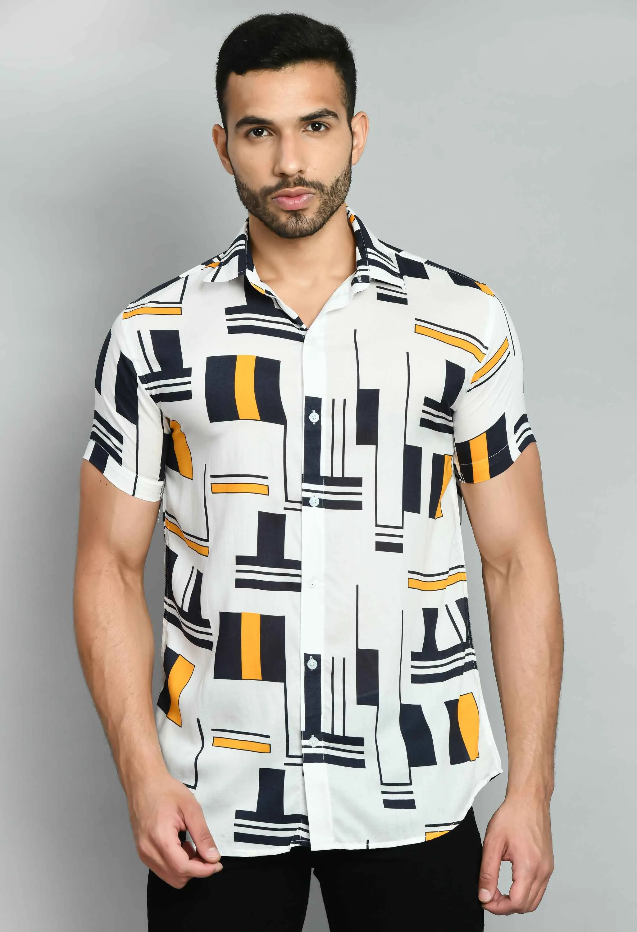 Men's Black White Rayon Casual Shirt