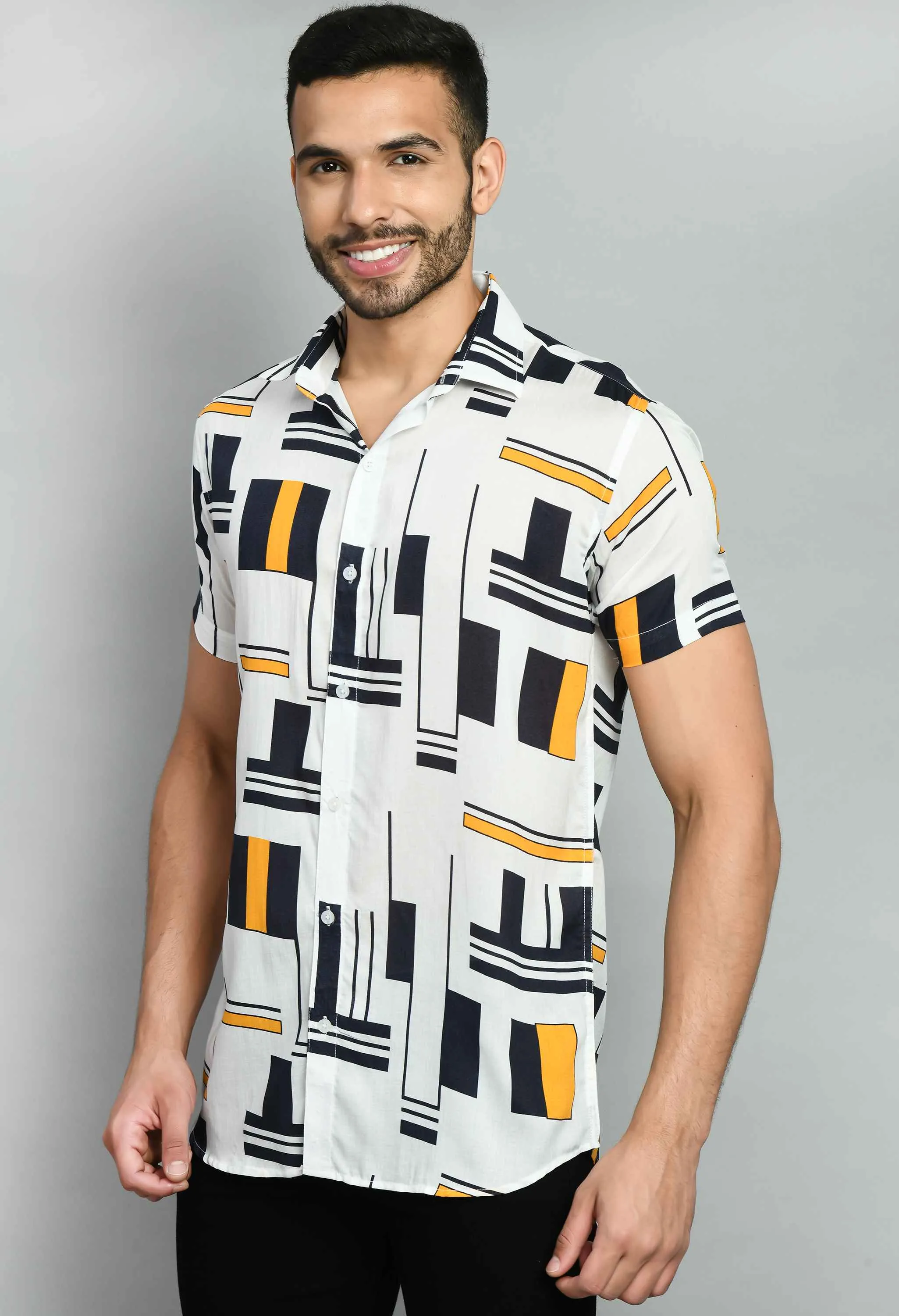 Men's Black White Rayon Casual Shirt