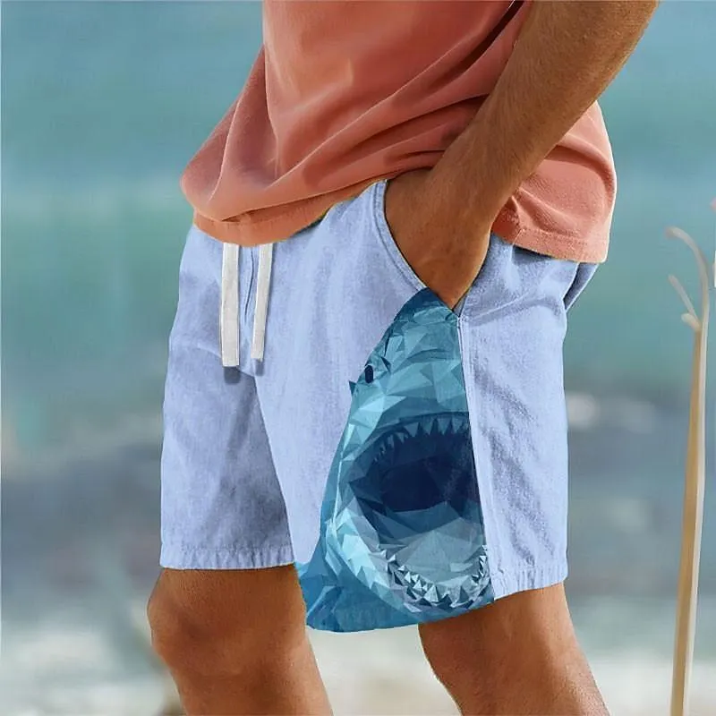 Mens Drawstring Elastic Waist Shark 3D Printed Breathable Beach Shorts 44576868YY