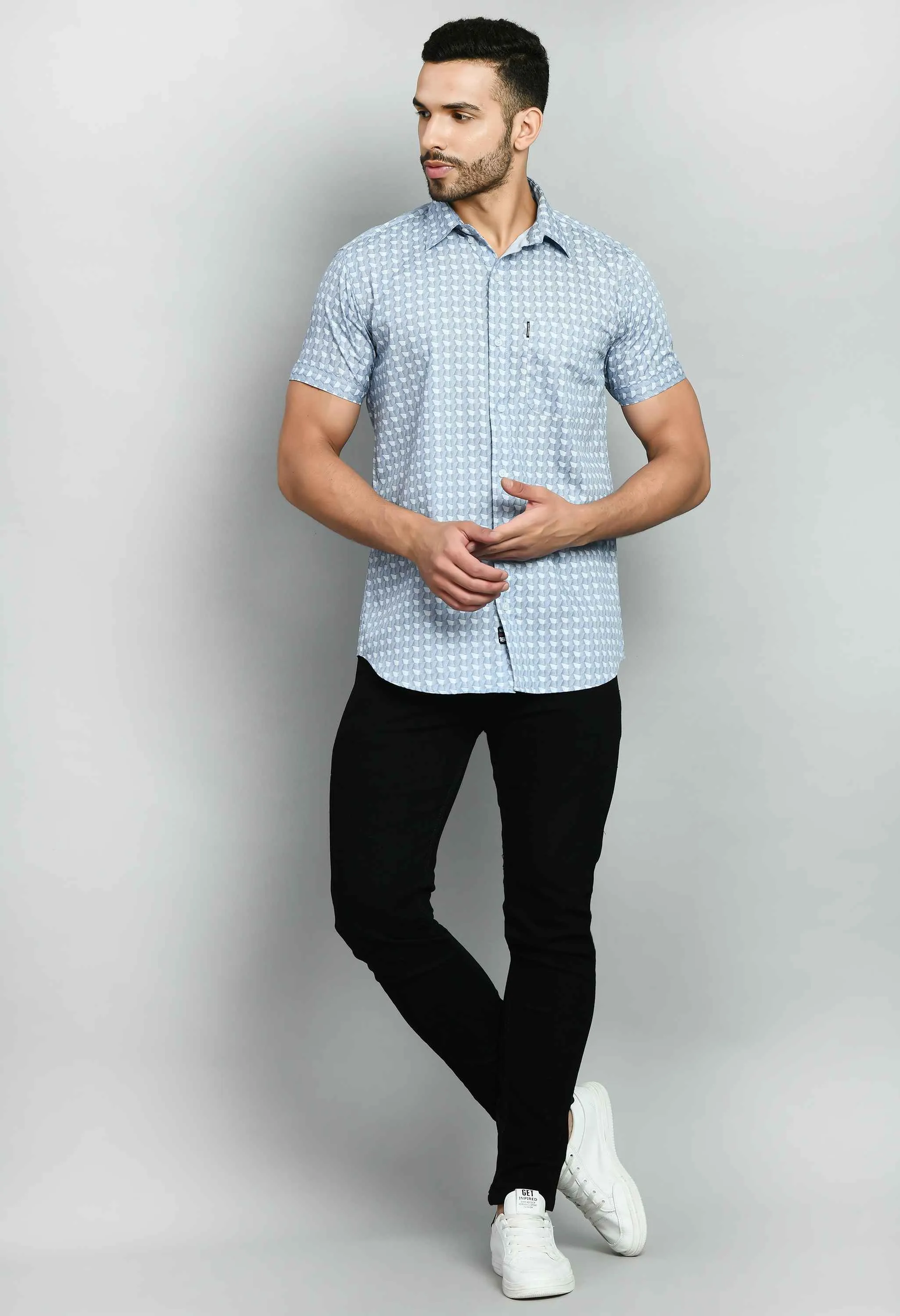 Men's Printed Sky Blue Short Sleeve Shirt