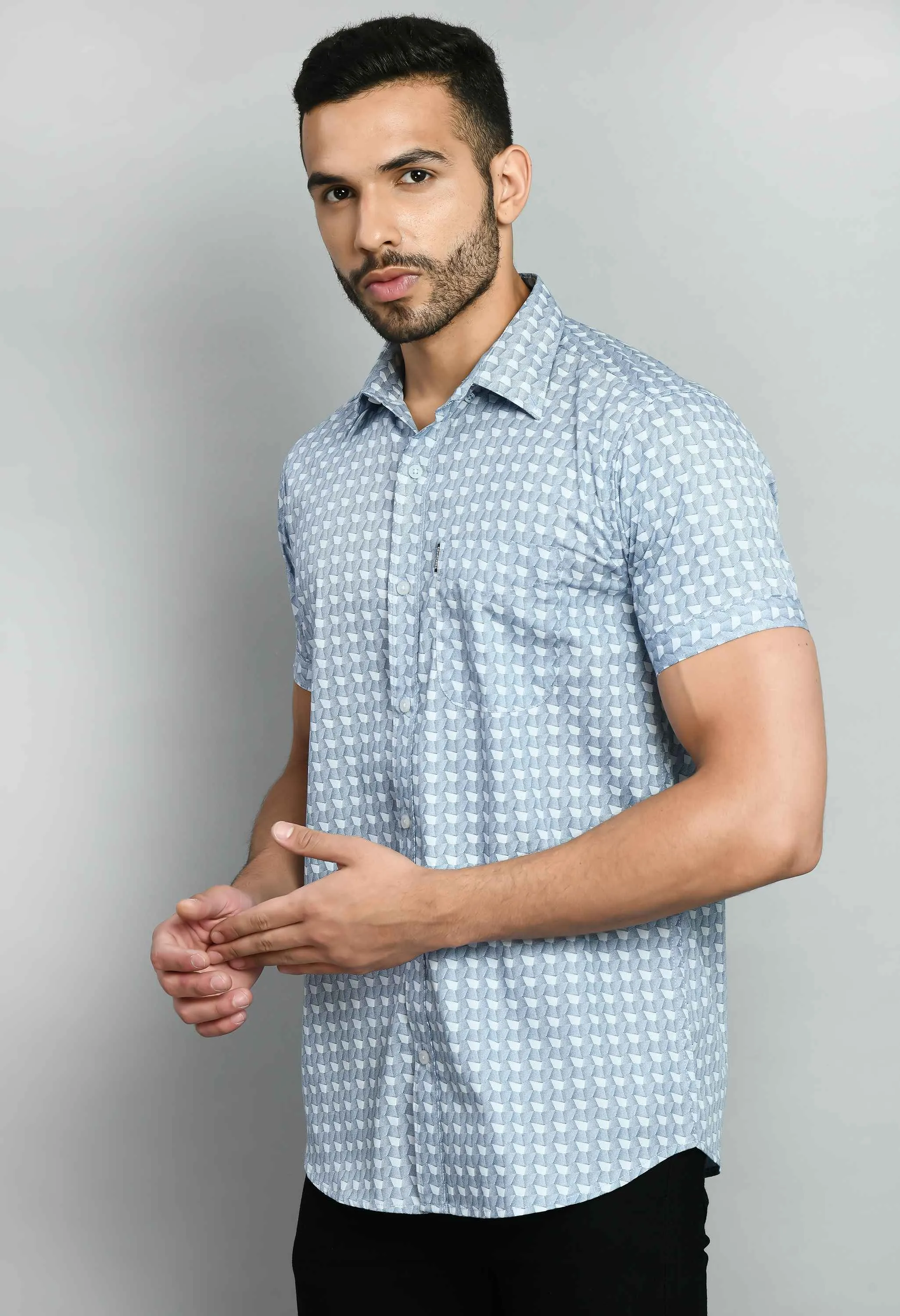 Men's Printed Sky Blue Short Sleeve Shirt