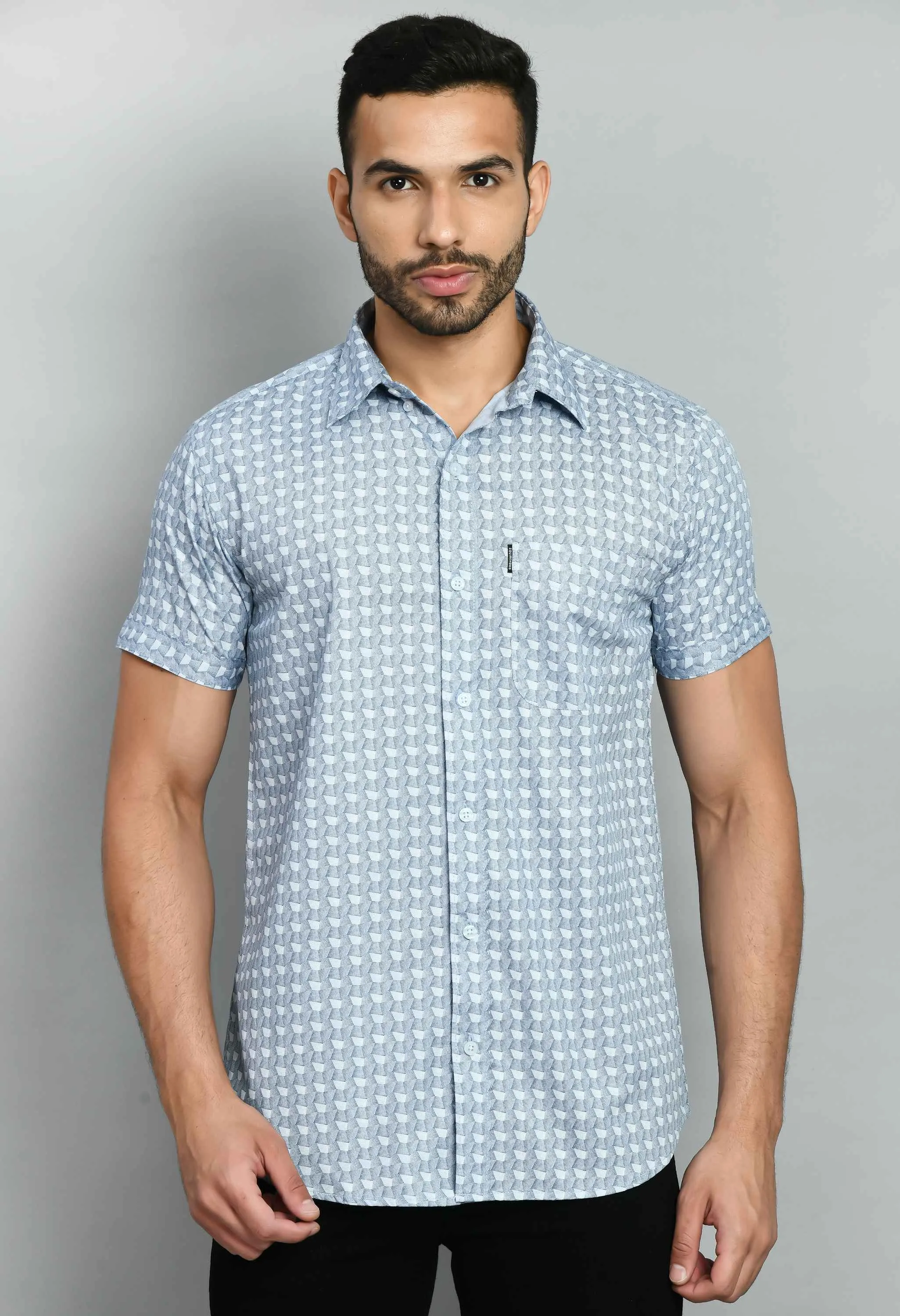 Men's Printed Sky Blue Short Sleeve Shirt