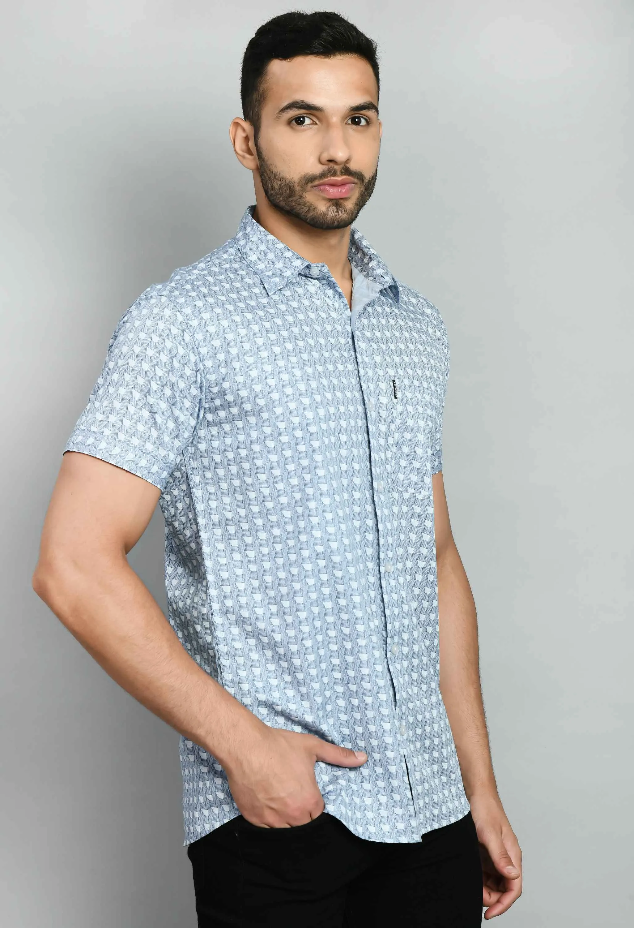 Men's Printed Sky Blue Short Sleeve Shirt