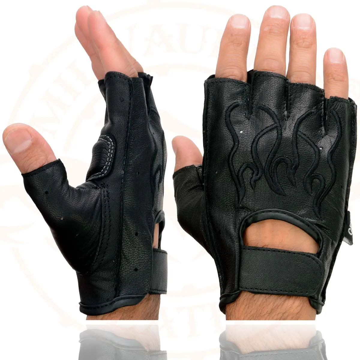 Milwaukee Leather SH198 Men's Black Leather Gel Padded Palm Fingerless Motorcycle Hand Gloves W/ ‘Black Flame Embroidered’