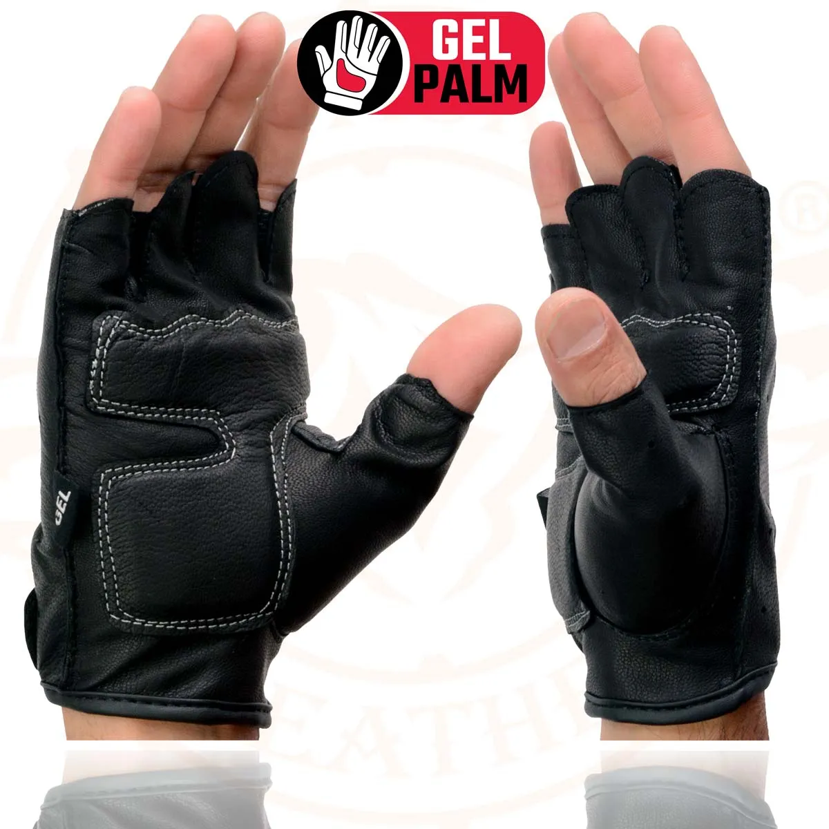 Milwaukee Leather SH198 Men's Black Leather Gel Padded Palm Fingerless Motorcycle Hand Gloves W/ ‘Black Flame Embroidered’