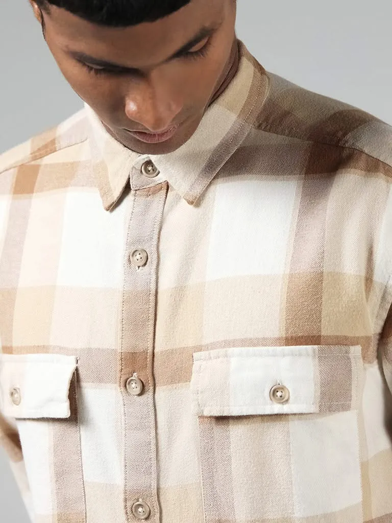 Nuon Beige Checked Cotton Relaxed-Fit Shirt