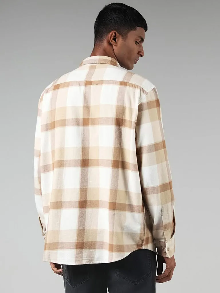 Nuon Beige Checked Cotton Relaxed-Fit Shirt