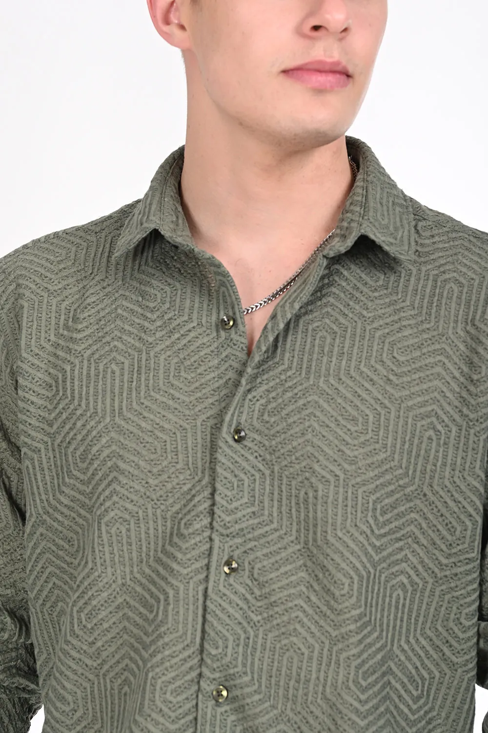 Olive Green Textured Regular Fit Shirt