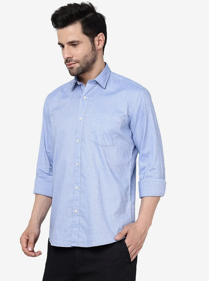 River Blue Solid Slim Fit Semi Casual Shirt | JadeBlue