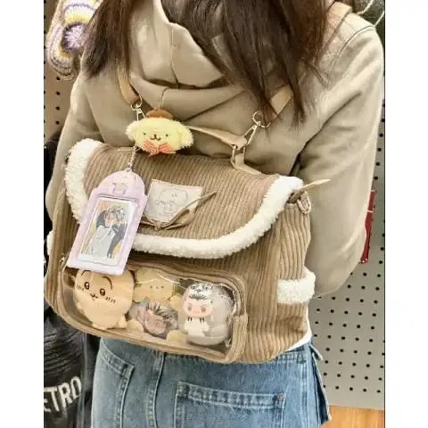 Sohiwoo Autumn Winter  Corduroy Ita Bag For Women Cute Messenger Bag Female Aesthetic Handheld Multi Functional Backpack Lady