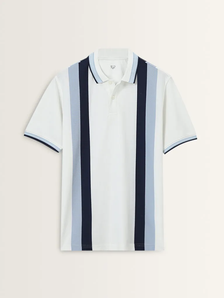 WES Casuals Blue Striped Relaxed-Fit Polo T-Shirt