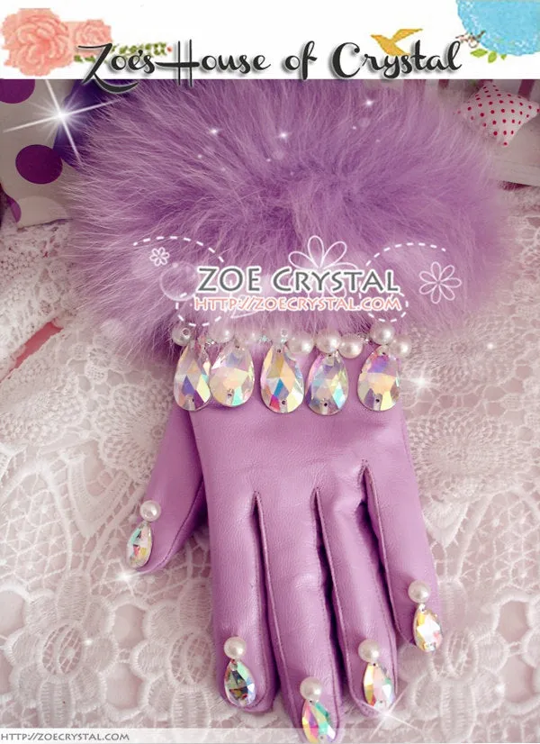 WINTER Sales- Purple Leather Fur GLOVES with Elegant Rhinestones