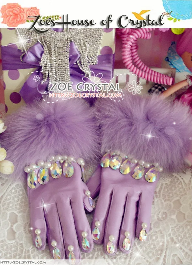 WINTER Sales- Purple Leather Fur GLOVES with Elegant Rhinestones